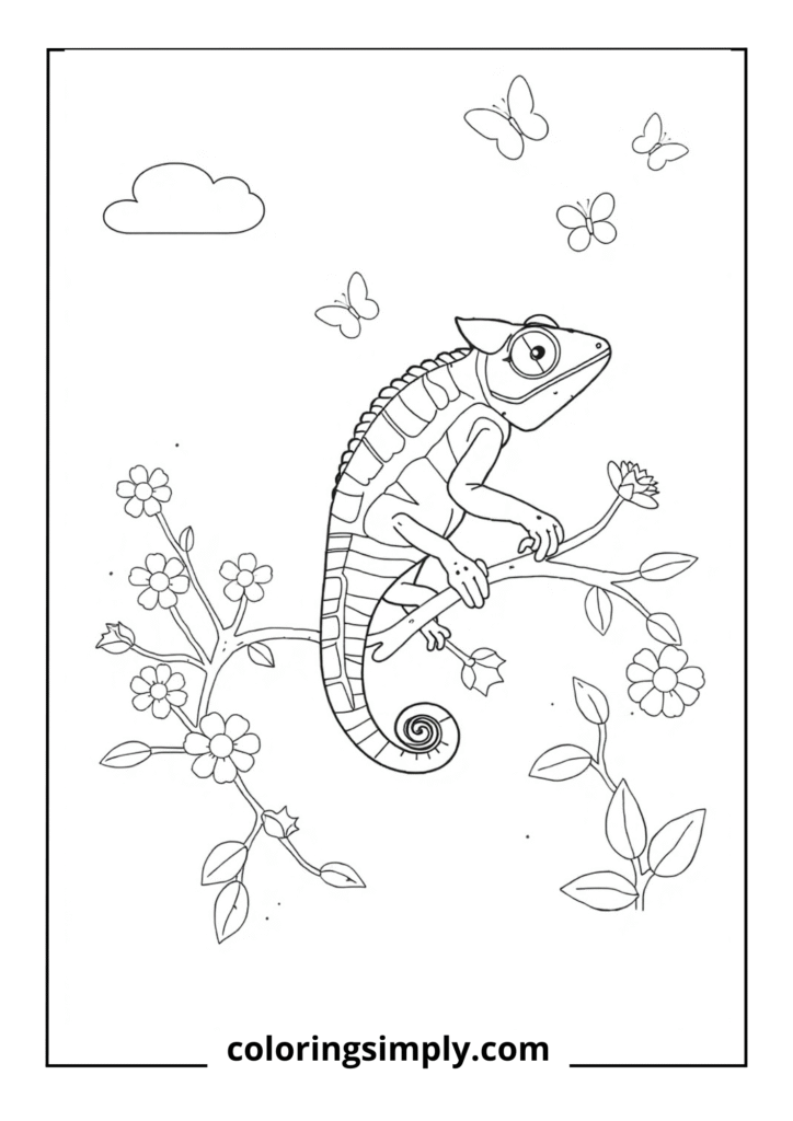 "Color-Changing Climber" - A chameleon carefully traversing a flowering branch