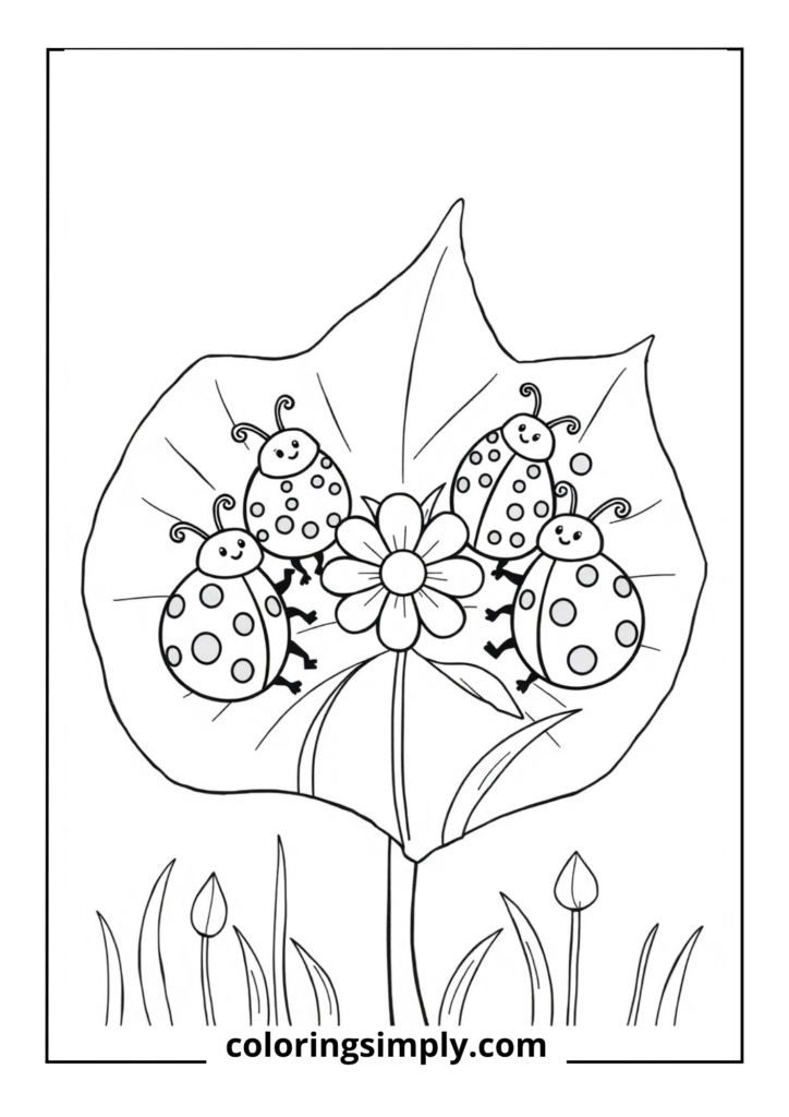 "Dotty's Dewdrop Tea" - Five ladybugs with different spot patterns having a garden tea party