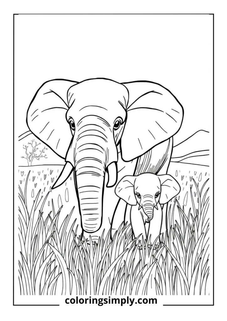"Elephant Family Stroll" - An adult and baby elephant walking through tall grass