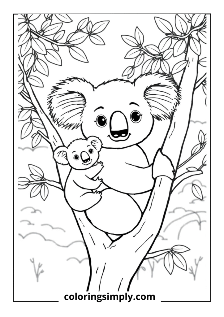 "Eucalyptus Heights" - A mother koala with her baby clinging to her back in a gum tree