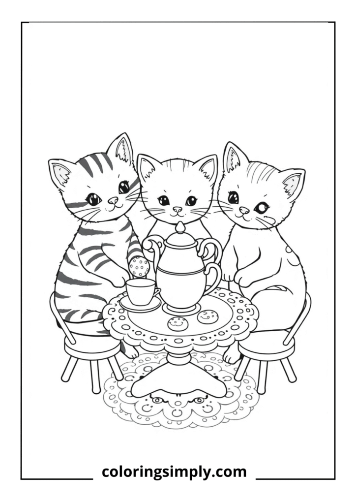 "Kitten Tea Time" - Three kittens enjoying a tiny tea party with miniature cups