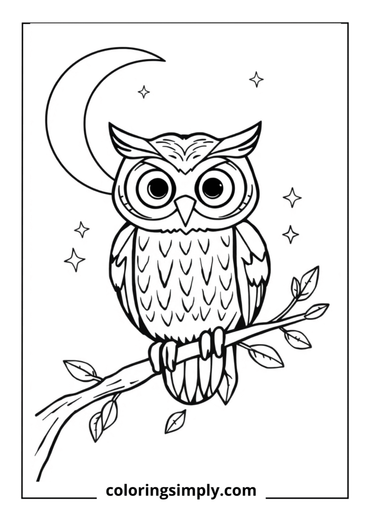 "Midnight Hoots" - A wide-eyed owl perched on a branch under a crescent moon
