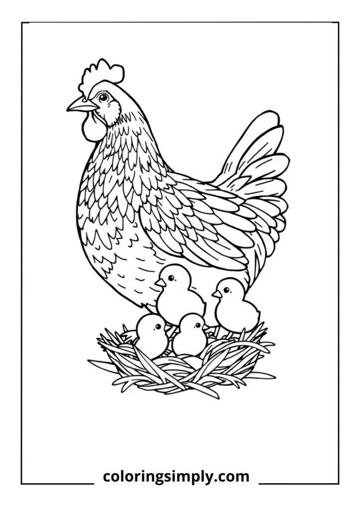 "Mother Hen's Little Helpers" - A protective hen watching over her curious chicks