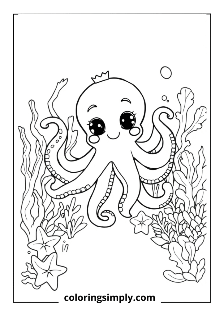 "Octavia's Underwater Garden" - A cute octopus among colorful underwater plants
