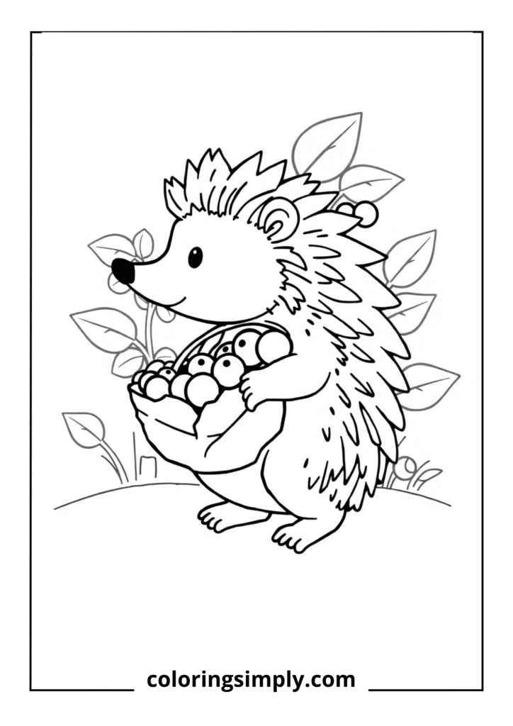 "Prickles' Berry Harvest" - A hedgehog collecting berries in a leaf basket
