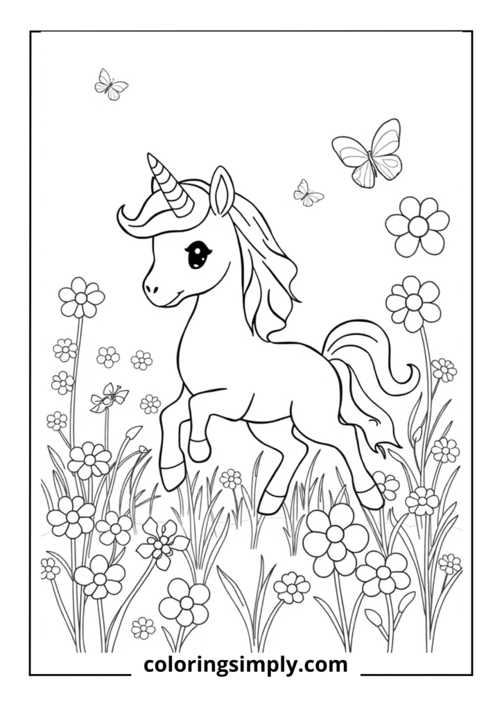 "Sparkle's Flower Field Adventure" - A young unicorn prancing through a meadow of flowers