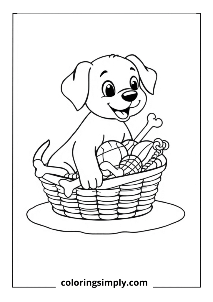 "Buster's Toy Collection" - A puppy sitting excitedly beside an overflowing toy basket