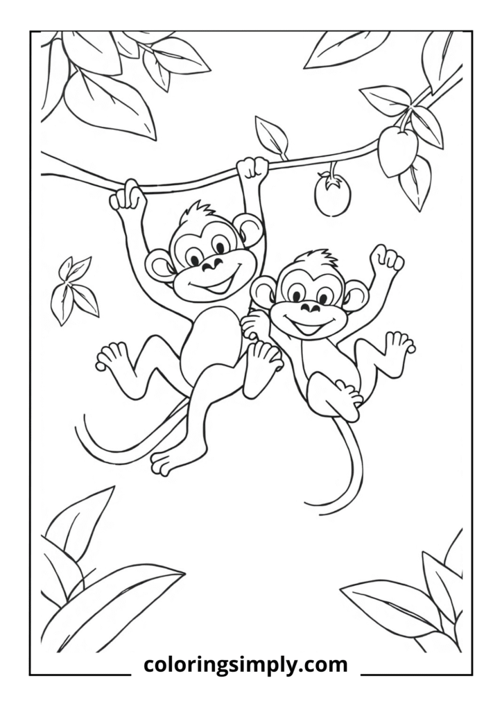 "Swinging Monkey Pals" - Two monkey friends playing on crossing vines