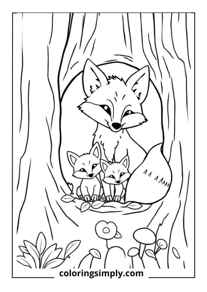 "The Fox Family's Cozy Den" - A fox parent with cubs peeking from a hollow tree