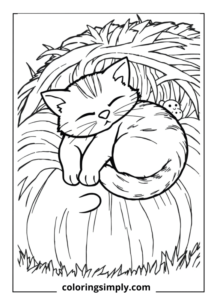 "Whiskers' Afternoon Nap" - A contented cat curled up peacefully on a hay bale