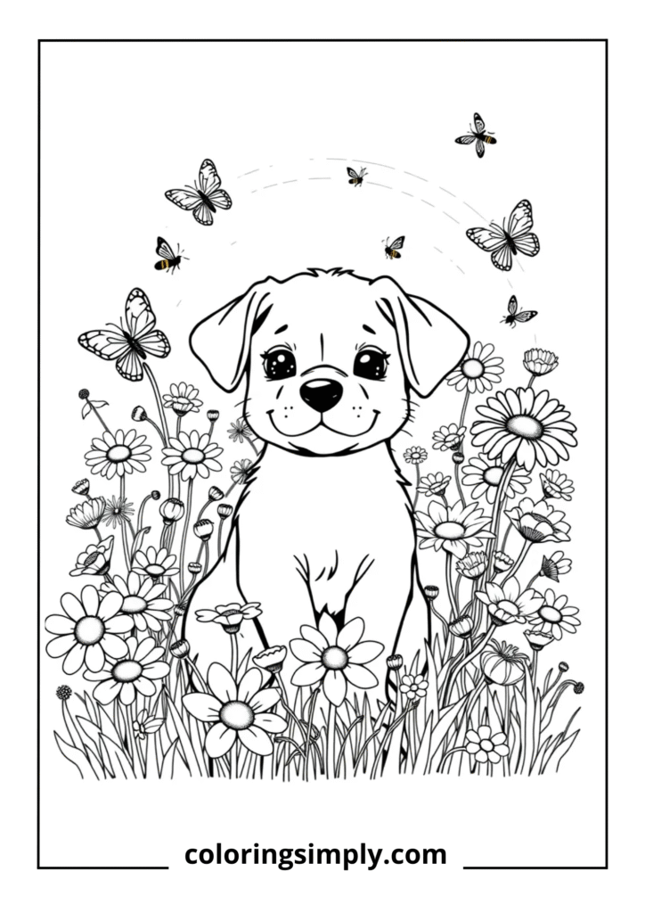 Flower Power" - Puppy in Flower Field
