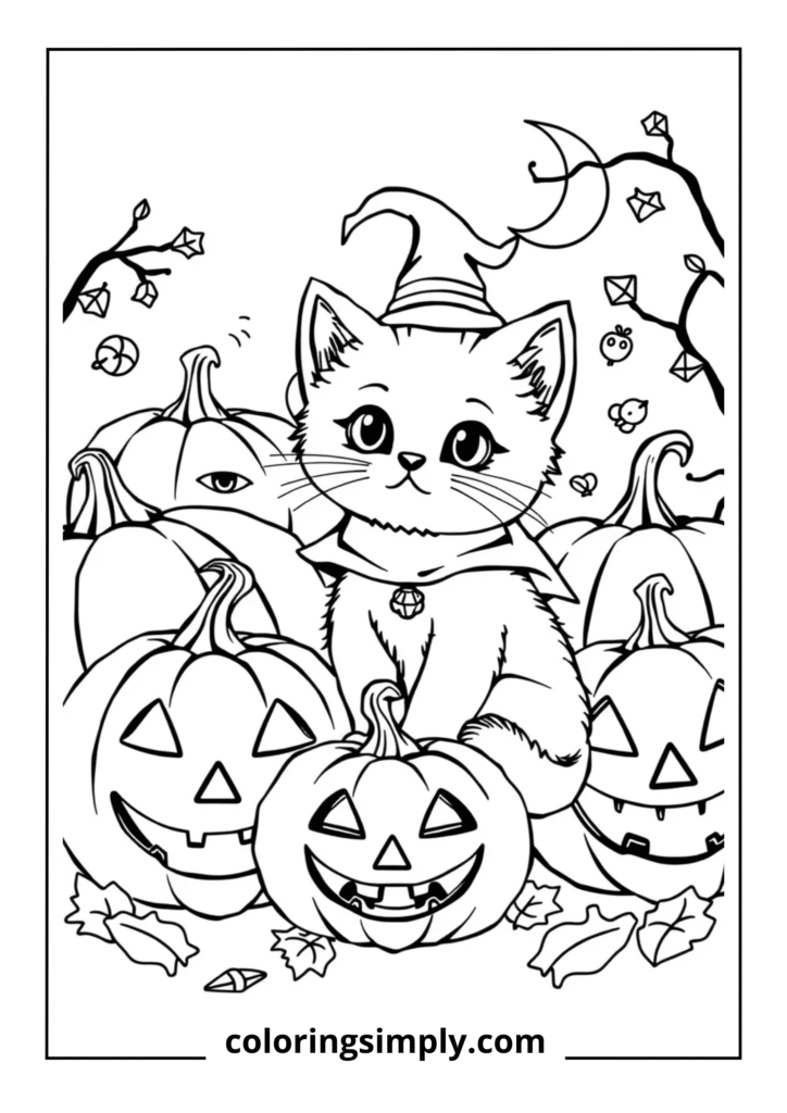 Halloween Kitten with Pumpkins