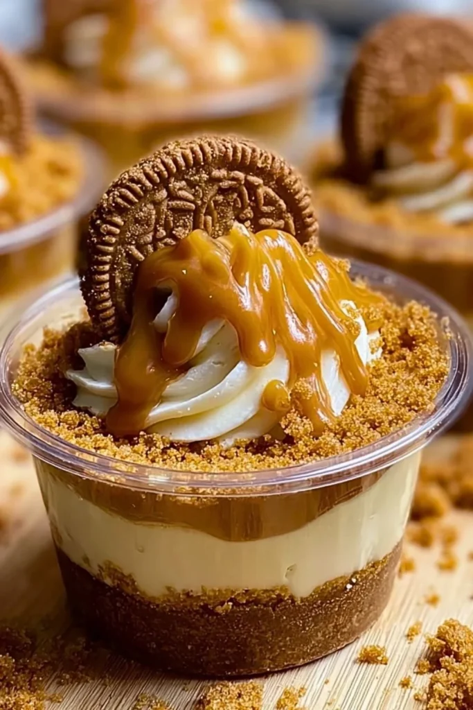 Delicious cookie butter cheesecake cups topped with cookie crumbles.