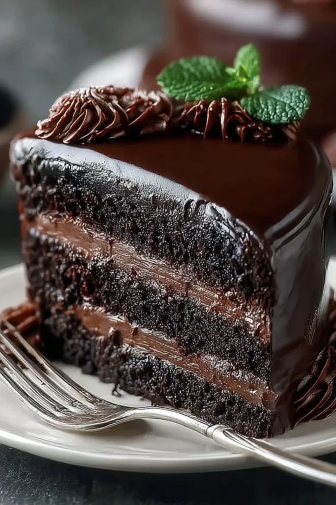 Decadent Midnight Fudge Cake topped with rich chocolate ganache.